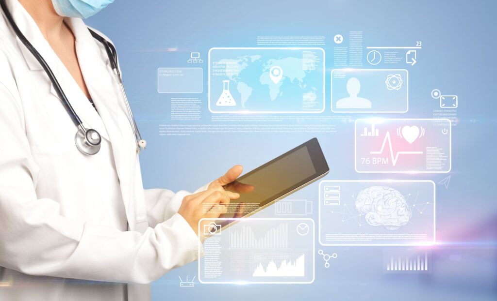 tablet with blue background Krankenhausdigitalisierung und eHealth Lösungen wie z.B. Patientenportal und andere digital Health Software
